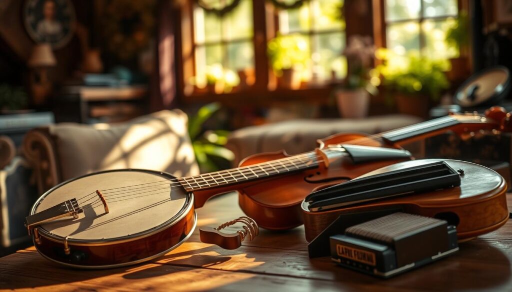 A cozy, rustic setting featuring an array of indie folk instruments: a polished banjo, an intricately carved fiddle, and a classic harmonica, artfully arranged in the foreground. Sunlight streams through a nearby window, casting warm, golden hues across the wooden table. In the middle ground, blurred images of lush greenery can be seen, suggesting an outdoor concert atmosphere. The background hints at a softly lit room filled with vintage decor, amplifying the vibe of a folk revival space. The mood is inviting and nostalgic, echoing themes of storytelling and connection. The composition focuses on the instruments, capturing their textures and colors in a shallow depth of field, evoking a sense of warmth and authenticity. A cozy, rustic setting featuring an array of indie folk instruments: a polished banjo, an intricately carved fiddle, and a classic harmonica, artfully arranged in the foreground. Sunlight streams through a nearby window, casting warm, golden hues across the wooden table. In the middle ground, blurred images of lush greenery can be seen, suggesting an outdoor concert atmosphere. The background hints at a softly lit room filled with vintage decor, amplifying the vibe of a folk revival space. The mood is inviting and nostalgic, echoing themes of storytelling and connection. The composition focuses on the instruments, capturing their textures and colors in a shallow depth of field, evoking a sense of warmth and authenticity.