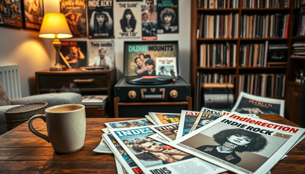 A cozy, vintage-style room filled with indie rock music magazines and blogs scattered across a wooden coffee table. In the foreground, a steaming cup of coffee sits beside a stack of colorful zines featuring vibrant album art and band photographs. The middle ground highlights an old record player with vinyl records, surrounded by posters of indie bands on the walls. In the background, a bookshelf filled with music literature completes the scene, bathed in warm, soft lighting from a nearby lamp, creating an inviting atmosphere for music enthusiasts. The overall mood is relaxed and nostalgic, embodying the essence of indie rock culture. A cozy, vintage-style room filled with indie rock music magazines and blogs scattered across a wooden coffee table. In the foreground, a steaming cup of coffee sits beside a stack of colorful zines featuring vibrant album art and band photographs. The middle ground highlights an old record player with vinyl records, surrounded by posters of indie bands on the walls. In the background, a bookshelf filled with music literature completes the scene, bathed in warm, soft lighting from a nearby lamp, creating an inviting atmosphere for music enthusiasts. The overall mood is relaxed and nostalgic, embodying the essence of indie rock culture.