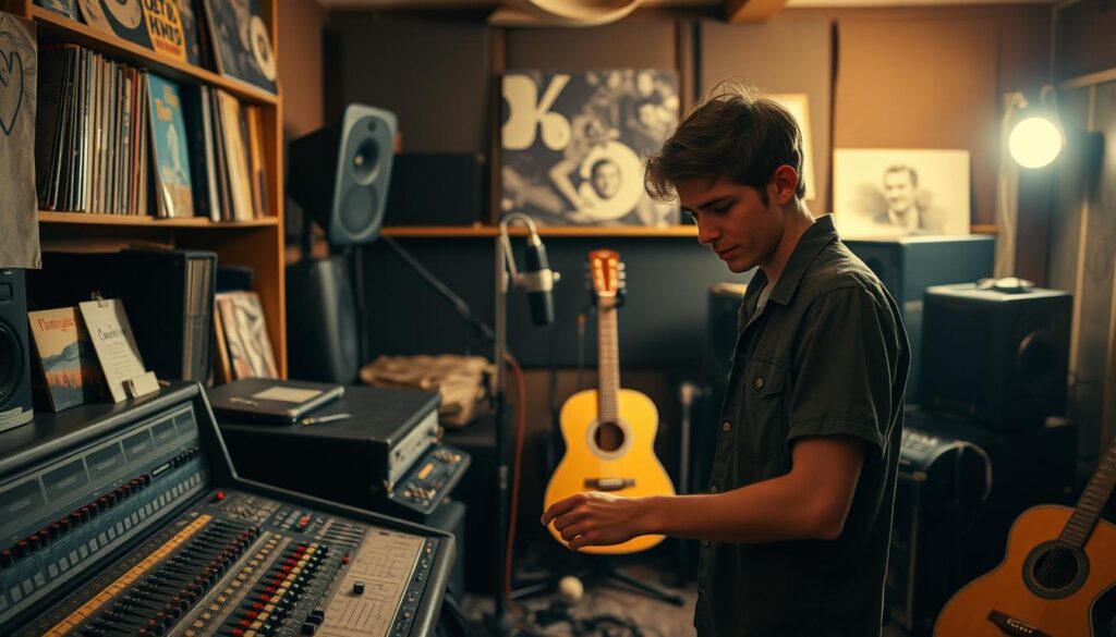 A dimly lit, cluttered recording studio with vintage recording equipment scattered around. In the foreground, a young musician, dressed in modest casual clothing, appears focused and slightly frustrated as they adjust the dials on an old mixing console. Their body language conveys determination amidst struggle. In the middle ground, various instruments, like an acoustic guitar and a microphone stand, hint at the creative chaos of early demo recordings. The background features shelves filled with vinyl records and soundproofing materials that add to the authentic studio vibe. Soft, warm lighting casts a nostalgic glow, creating an atmosphere that reflects both ambition and the raw essence of the indie music scene.