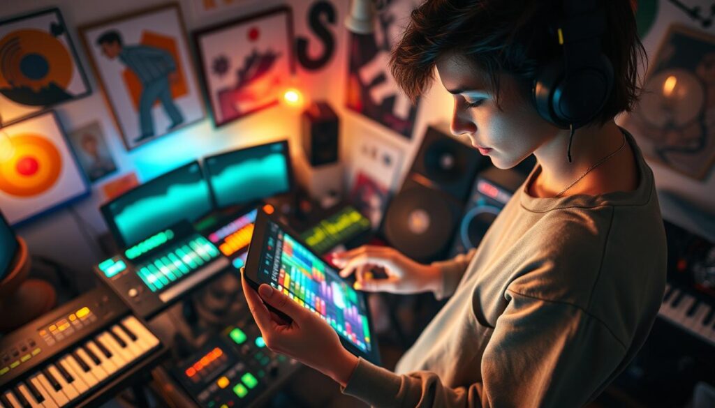 A dynamic scene showcasing an electronic experimentalist indie artist in their creative environment. In the foreground, focus on a young adult with an expressive face, wearing stylish, modest casual clothing, immersed in manipulating a series of colorful soundwave visualizers on a sleek tablet. The middle ground features an array of eclectic musical instruments, including synthesizers and drum machines, surrounded by vibrant LED lights casting a mesmerizing glow. In the background, a cozy, artsy studio filled with vinyl records and abstract art on the walls enhances the atmosphere. Soft, ambient lighting creates a moody, inspiring ambiance, evoking a sense of innovation and boundary-pushing creativity. The angle should be slightly overhead, giving a comprehensive view of their artistic workspace, emphasizing the fusion of technology and artistry. A dynamic scene showcasing an electronic experimentalist indie artist in their creative environment. In the foreground, focus on a young adult with an expressive face, wearing stylish, modest casual clothing, immersed in manipulating a series of colorful soundwave visualizers on a sleek tablet. The middle ground features an array of eclectic musical instruments, including synthesizers and drum machines, surrounded by vibrant LED lights casting a mesmerizing glow. In the background, a cozy, artsy studio filled with vinyl records and abstract art on the walls enhances the atmosphere. Soft, ambient lighting creates a moody, inspiring ambiance, evoking a sense of innovation and boundary-pushing creativity. The angle should be slightly overhead, giving a comprehensive view of their artistic workspace, emphasizing the fusion of technology and artistry.