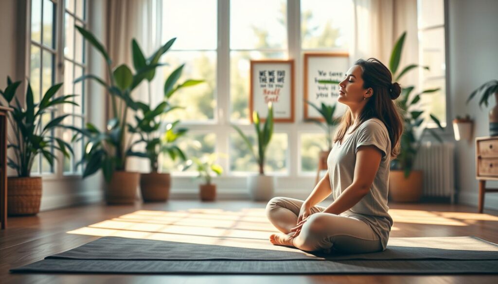 A serene home environment designed for visualization practice: in the foreground, a comfortable meditation mat with a person seated cross-legged, wearing modest casual clothing, eyes closed in concentration. In the middle, a cozy room filled with soft natural light filtering through large windows, lush indoor plants creating a calming atmosphere, and a few motivational quotes framed on the walls, subtly out of focus. In the background, a subtle suggestion of an outdoor setting with a hint of green trees and a blue sky visible outside, promoting a sense of tranquility and focus. The lighting is warm and inviting, enhancing the peaceful ambiance of the image, encouraging viewers to connect with the concept of visualization in a nurturing space.