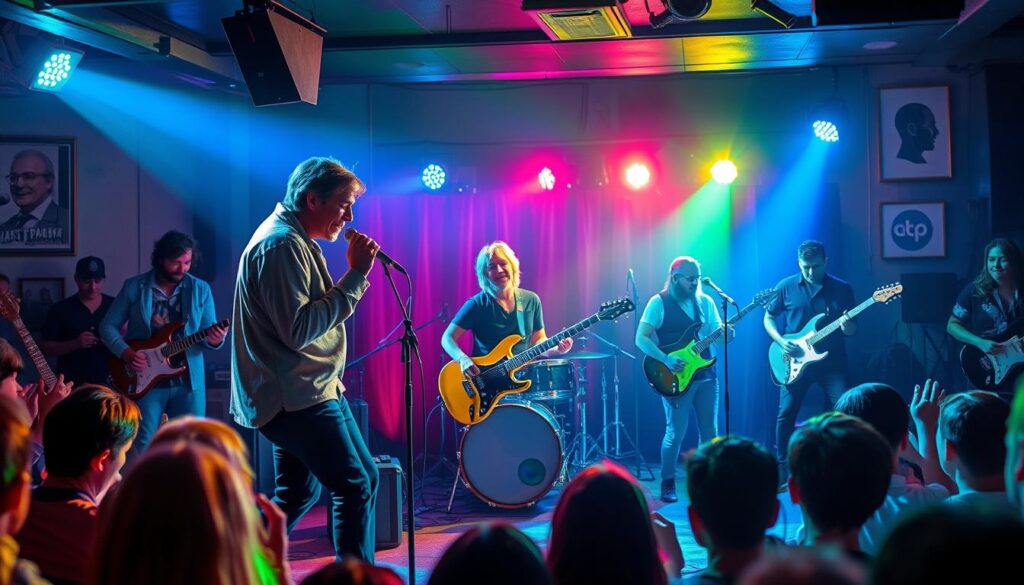 A vibrant indie rock band performing passionately on a small, intimate stage during a live show. In the foreground, a dynamic lead singer in casual yet stylish clothing engages with the audience, capturing their attention. The middle ground features a diverse group of musicians playing electric guitars and drums, each showcasing their unique style, representing various subgenres like math rock, post-punk revival, and dream pop. A colorful lighting setup casts dramatic hues—deep blues, warm pinks, and bright greens—creating a lively atmosphere. In the background, a captivated audience can be seen clapping and enjoying the performance, forming a sense of community. The image should have a slightly soft focus to evoke a dreamy quality, reminiscent of the nostalgic feel of indie rock music. A vibrant indie rock band performing passionately on a small, intimate stage during a live show. In the foreground, a dynamic lead singer in casual yet stylish clothing engages with the audience, capturing their attention. The middle ground features a diverse group of musicians playing electric guitars and drums, each showcasing their unique style, representing various subgenres like math rock, post-punk revival, and dream pop. A colorful lighting setup casts dramatic hues—deep blues, warm pinks, and bright greens—creating a lively atmosphere. In the background, a captivated audience can be seen clapping and enjoying the performance, forming a sense of community. The image should have a slightly soft focus to evoke a dreamy quality, reminiscent of the nostalgic feel of indie rock music.