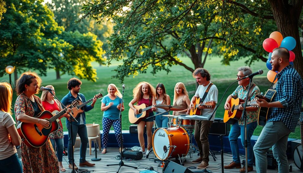 A vibrant outdoor music scene showcasing a contemporary folk fusion performance. In the foreground, a diverse group of musicians plays together, blending acoustic guitars, electronic instruments, and a drum set with a modern flair. They are dressed in colorful, casual attire that reflects their individuality. The middle ground reveals enthusiastic listeners swaying and tapping their feet, enchanted by the eclectic mix. The background features a lush green park under the warm glow of golden hour sunlight, casting soft glimmers across the scene. The atmosphere is lively and inviting, with balloons and decorative string lights enhancing the festive vibe, captured from a slightly elevated angle to encompass the joy of the gathering while keeping the focus on the musicians and their instruments. The overall mood is celebratory and warm, embodying the fusion of folk and modern genres. A vibrant outdoor music scene showcasing a contemporary folk fusion performance. In the foreground, a diverse group of musicians plays together, blending acoustic guitars, electronic instruments, and a drum set with a modern flair. They are dressed in colorful, casual attire that reflects their individuality. The middle ground reveals enthusiastic listeners swaying and tapping their feet, enchanted by the eclectic mix. The background features a lush green park under the warm glow of golden hour sunlight, casting soft glimmers across the scene. The atmosphere is lively and inviting, with balloons and decorative string lights enhancing the festive vibe, captured from a slightly elevated angle to encompass the joy of the gathering while keeping the focus on the musicians and their instruments. The overall mood is celebratory and warm, embodying the fusion of folk and modern genres.