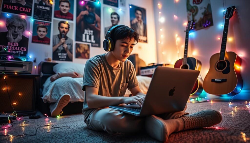 A young, emerging indie artist sits on the floor of a cozy, softly lit bedroom, surrounded by vintage musical instruments and colorful fairy lights. The artist, a young person in modest casual clothing, is focused on a laptop, with headphones on, capturing their creative process. In the background, a wall adorned with posters of iconic musicians and an acoustic guitar leaning against the wall adds to the ambiance. The warm, ambient lighting casts a gentle glow, creating an inviting atmosphere that reflects the intimate vibe of bedroom pop music. A sense of aspiration and creativity fills the air, evoking the magical moment of artistic discovery. The angle captures a dynamic perspective, emphasizing the artist's passion and musical journey. A young, emerging indie artist sits on the floor of a cozy, softly lit bedroom, surrounded by vintage musical instruments and colorful fairy lights. The artist, a young person in modest casual clothing, is focused on a laptop, with headphones on, capturing their creative process. In the background, a wall adorned with posters of iconic musicians and an acoustic guitar leaning against the wall adds to the ambiance. The warm, ambient lighting casts a gentle glow, creating an inviting atmosphere that reflects the intimate vibe of bedroom pop music. A sense of aspiration and creativity fills the air, evoking the magical moment of artistic discovery. The angle captures a dynamic perspective, emphasizing the artist's passion and musical journey.