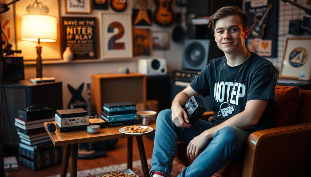 A cozy, intimate setting depicting an exclusive Q and A with a rising indie artist, NOTEP, in a relaxed studio environment. In the foreground, NOTEP, a young artist with a creative flair, sits casually yet stylishly dressed in a graphic tee and jeans, holding a guitar pedal, illustrating an interest in sound identity. The middle ground features a small wooden table with various pedals, a selection of favorite books stacked, and a plate of favorite snacks, symbolizing personal interests. The background is softly blurred, showcasing music-related decorations and mood lighting that creates a warm, inviting atmosphere. Use soft, warm lighting to enhance the inviting feel, and a slightly angled view to emphasize the artist's casual yet engaging demeanor, capturing the essence of a rapid-fire Q and A session. A cozy, intimate setting depicting an exclusive Q and A with a rising indie artist, NOTEP, in a relaxed studio environment. In the foreground, NOTEP, a young artist with a creative flair, sits casually yet stylishly dressed in a graphic tee and jeans, holding a guitar pedal, illustrating an interest in sound identity. The middle ground features a small wooden table with various pedals, a selection of favorite books stacked, and a plate of favorite snacks, symbolizing personal interests. The background is softly blurred, showcasing music-related decorations and mood lighting that creates a warm, inviting atmosphere. Use soft, warm lighting to enhance the inviting feel, and a slightly angled view to emphasize the artist's casual yet engaging demeanor, capturing the essence of a rapid-fire Q and A session.