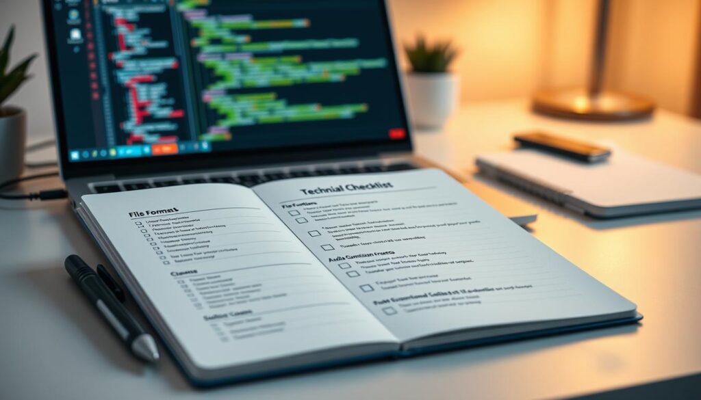 A detailed technical checklist for demo submissions displayed prominently on a sleek, modern desk. The foreground features a clean, open notebook, filled with neatly organized bullet points and checkboxes, alongside a professional-looking pen. In the middle, a well-structured checklist document is visible, showcasing categories such as "File Formats," "Resolution," "Audio Quality," and "Submission Process," all outlined with clear, concise details. The background includes a blurred laptop screen displaying a coding interface and an ambient workspace with soft, warm lighting, creating an inviting atmosphere. The desk is characterized by minimal clutter, emphasizing professionalism. A shallow depth of field focuses on the checklist while gently blurring other elements, enhancing the main subject's importance and drawing the viewer's attention to the technical aspects of submission requirements. A detailed technical checklist for demo submissions displayed prominently on a sleek, modern desk. The foreground features a clean, open notebook, filled with neatly organized bullet points and checkboxes, alongside a professional-looking pen. In the middle, a well-structured checklist document is visible, showcasing categories such as "File Formats," "Resolution," "Audio Quality," and "Submission Process," all outlined with clear, concise details. The background includes a blurred laptop screen displaying a coding interface and an ambient workspace with soft, warm lighting, creating an inviting atmosphere. The desk is characterized by minimal clutter, emphasizing professionalism. A shallow depth of field focuses on the checklist while gently blurring other elements, enhancing the main subject's importance and drawing the viewer's attention to the technical aspects of submission requirements.