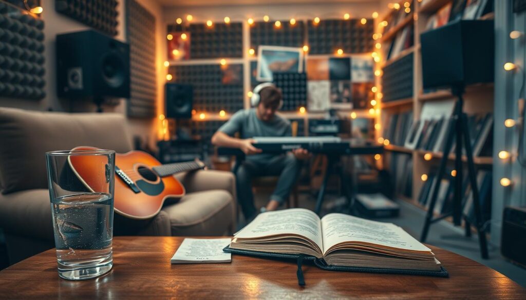 A tranquil indie music studio setup, featuring a cozy nook with a vintage guitar resting against a soft armchair. In the foreground, a glass of chilled water sits on a wooden table, alongside a notebook filled with handwritten lyrics. The middle layer showcases an artist wearing casual yet professional clothing, deeply focused as they adjust audio mixing equipment, surrounded by soundproofing foam on the walls. In the background, warm fairy lights twinkle softly, casting a gentle glow over shelves filled with vinyl records and music memorabilia. The lighting is soft and natural, creating an inviting atmosphere, while the overall mood is one of creativity and introspection. The lens captures a slightly angled view to give depth, emphasizing the artistic essence of indie music feedback and craftsmanship. A tranquil indie music studio setup, featuring a cozy nook with a vintage guitar resting against a soft armchair. In the foreground, a glass of chilled water sits on a wooden table, alongside a notebook filled with handwritten lyrics. The middle layer showcases an artist wearing casual yet professional clothing, deeply focused as they adjust audio mixing equipment, surrounded by soundproofing foam on the walls. In the background, warm fairy lights twinkle softly, casting a gentle glow over shelves filled with vinyl records and music memorabilia. The lighting is soft and natural, creating an inviting atmosphere, while the overall mood is one of creativity and introspection. The lens captures a slightly angled view to give depth, emphasizing the artistic essence of indie music feedback and craftsmanship.