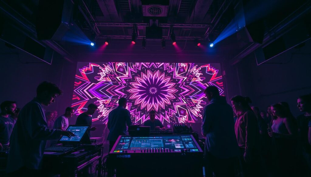 A vibrant experimental electronic live visual performance set in a dimly lit underground venue. In the foreground, a diverse group of artists, dressed in stylish, modest casual clothing, interact with elaborate digital equipment, creating mesmerizing visuals. The middle ground features a large LED screen displaying dynamic, kaleidoscopic patterns intertwined with sound waves and abstract animations that pulse with the rhythm of the music. The background showcases an engaged audience, their faces illuminated by the colorful lights, creating a sense of immersion and unity. The lighting is dramatic, with bursts of neon colors and soft shadows, conveying an electric yet intimate atmosphere. The camera angle captures the action from a low perspective, emphasizing the energy and creativity of the space. The overall mood is experimental, innovative, and captivating, perfectly encapsulating the fusion of music and visual art.