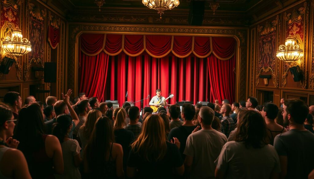 A vibrant indie music show taking place in a historic theater, with a focus on a small, enthusiastic crowd gathered around the stage. In the foreground, a diverse group of audience members dressed in modest casual clothing, captivated by the performance. The middle features an indie band on stage, with a lead singer passionately engaging the audience and musicians playing guitar and drums, all under warm, inviting stage lights. The background showcases the ornate architecture of the historic theater, including vintage red velvet curtains and intricate gold detailing, illuminated by soft, ambient lighting that creates a cozy yet electric atmosphere. Capture the scene from a slightly elevated angle to provide depth and highlight the energy of the performance. The mood is intimate, celebratory, and filled with anticipation.