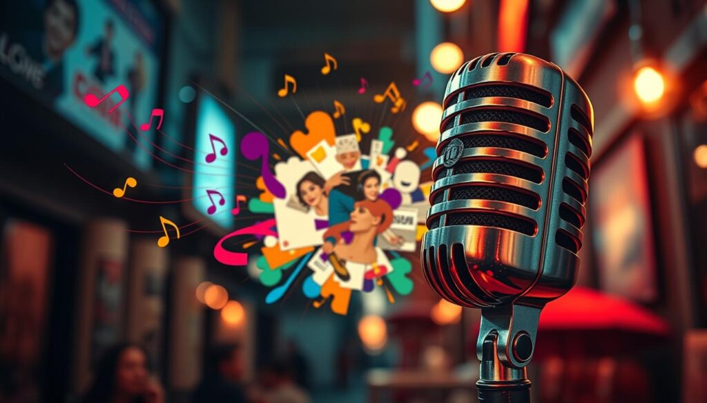 A vibrant radio single cover for the "PAKARANG EP," featuring an artistic representation of sound waves emanating from a vintage microphone. In the foreground, a stylized microphone stands prominently, adorned with musical notes swirling around it in bright colors. In the middle, a collage of abstract shapes and textures symbolizes indie music's diverse sound identity. The background showcases a dimly lit urban setting, with soft bokeh lights reflecting a nightlife atmosphere. The lighting is warm and inviting, casting a glow that highlights the microphone's metallic surface. The overall mood is energetic and inspirational, capturing the essence of a breakthrough moment. The angle is slightly elevated, offering a dynamic perspective that draws the viewer into the scene. A vibrant radio single cover for the "PAKARANG EP," featuring an artistic representation of sound waves emanating from a vintage microphone. In the foreground, a stylized microphone stands prominently, adorned with musical notes swirling around it in bright colors. In the middle, a collage of abstract shapes and textures symbolizes indie music's diverse sound identity. The background showcases a dimly lit urban setting, with soft bokeh lights reflecting a nightlife atmosphere. The lighting is warm and inviting, casting a glow that highlights the microphone's metallic surface. The overall mood is energetic and inspirational, capturing the essence of a breakthrough moment. The angle is slightly elevated, offering a dynamic perspective that draws the viewer into the scene.