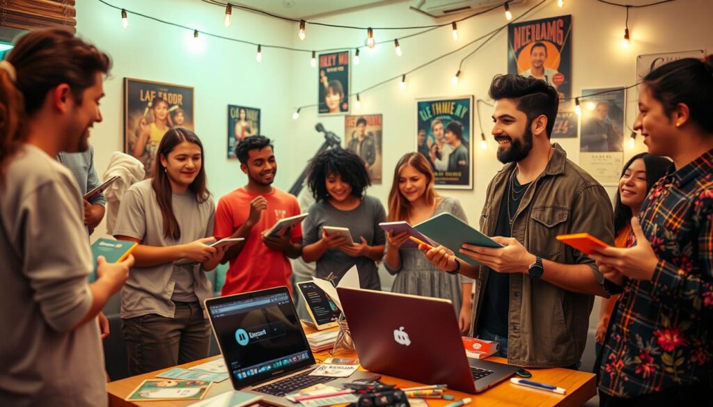 A vibrant scene depicting Cyrus James Khan, a rising indie artist, actively engaging with a diverse group of fans in a cozy community space. In the foreground, Cyrus, dressed in casual yet stylish attire, is animatedly discussing music ideas with fans who are smiling and holding notebooks, symbolizing collaboration and creativity. In the middle ground, a table strewn with colorful flyers and merchandise represents the community building efforts, alongside laptops open to a Discord chat interface. The background showcases a warm, inviting environment with string lights and indie posters on the walls, creating a lively yet intimate atmosphere. Soft, diffused lighting casts a welcoming glow, evoking a sense of camaraderie and enthusiasm for the music journey ahead. A vibrant scene depicting Cyrus James Khan, a rising indie artist, actively engaging with a diverse group of fans in a cozy community space. In the foreground, Cyrus, dressed in casual yet stylish attire, is animatedly discussing music ideas with fans who are smiling and holding notebooks, symbolizing collaboration and creativity. In the middle ground, a table strewn with colorful flyers and merchandise represents the community building efforts, alongside laptops open to a Discord chat interface. The background showcases a warm, inviting environment with string lights and indie posters on the walls, creating a lively yet intimate atmosphere. Soft, diffused lighting casts a welcoming glow, evoking a sense of camaraderie and enthusiasm for the music journey ahead.