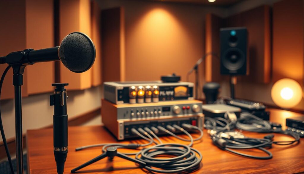 A beautifully organized vocal chain setup featuring high-quality microphones and preamps in a professional studio environment. In the foreground, a sleek condenser microphone with a pop filter is mounted on a sturdy stand, alongside a vintage tube preamp with glowing vacuum tubes. The middle ground showcases an array of audio equipment, including a compressor and various cables neatly arranged on a polished wooden table. The background reveals a softly illuminated recording booth with soundproofing panels enhancing acoustics, accented by warm, dim lighting that creates an inviting atmosphere. A shallow depth of field focuses on the equipment, emphasizing its textures and details, while the overall mood conveys a sense of professionalism and creativity, suitable for both live performances and studio sessions. A beautifully organized vocal chain setup featuring high-quality microphones and preamps in a professional studio environment. In the foreground, a sleek condenser microphone with a pop filter is mounted on a sturdy stand, alongside a vintage tube preamp with glowing vacuum tubes. The middle ground showcases an array of audio equipment, including a compressor and various cables neatly arranged on a polished wooden table. The background reveals a softly illuminated recording booth with soundproofing panels enhancing acoustics, accented by warm, dim lighting that creates an inviting atmosphere. A shallow depth of field focuses on the equipment, emphasizing its textures and details, while the overall mood conveys a sense of professionalism and creativity, suitable for both live performances and studio sessions.