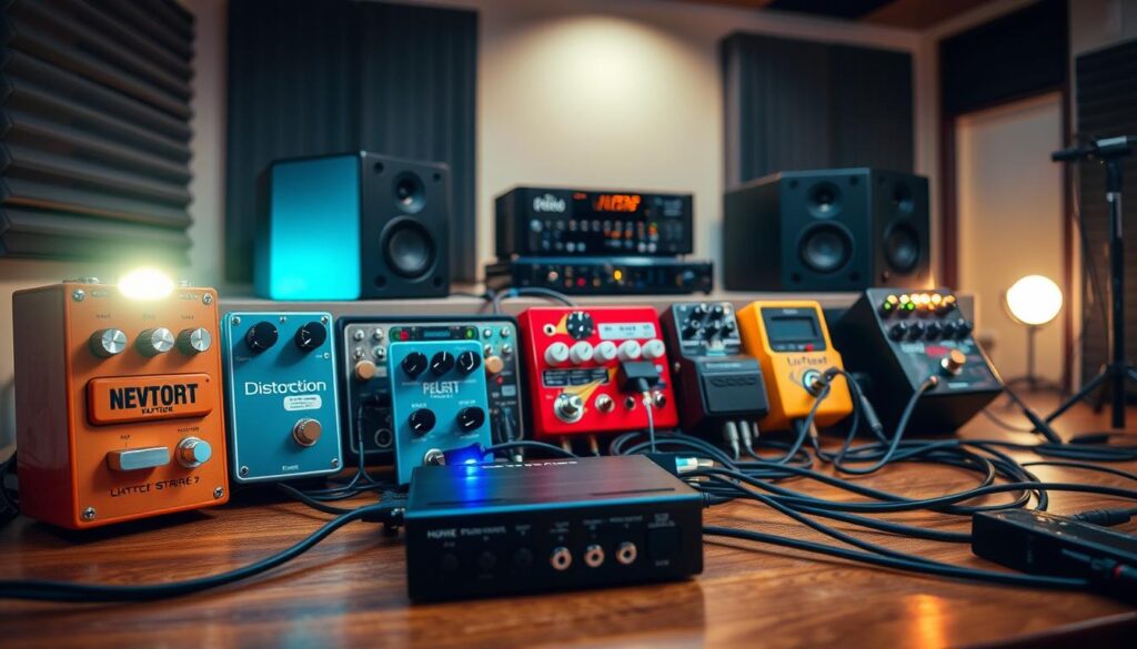 A detailed pedalboard setup showcasing a variety of effects pedals connected in a complex signal chain. The foreground features several colorful pedals, including distortion, reverb, and delay, all illuminated by soft, ambient lighting. In the middle ground, there are cables meticulously arranged to demonstrate gain staging and noise management techniques, with a power supply placed neatly on a wooden surface beneath the pedals. The background reveals subtle hints of a well-organized recording studio environment, complete with soundproofing panels and dimmed studio lights, creating a focused yet creative atmosphere. The overall mood is professional and inviting, highlighting the intricate balance of sound that indie musicians rely on for their performances. A detailed pedalboard setup showcasing a variety of effects pedals connected in a complex signal chain. The foreground features several colorful pedals, including distortion, reverb, and delay, all illuminated by soft, ambient lighting. In the middle ground, there are cables meticulously arranged to demonstrate gain staging and noise management techniques, with a power supply placed neatly on a wooden surface beneath the pedals. The background reveals subtle hints of a well-organized recording studio environment, complete with soundproofing panels and dimmed studio lights, creating a focused yet creative atmosphere. The overall mood is professional and inviting, highlighting the intricate balance of sound that indie musicians rely on for their performances.