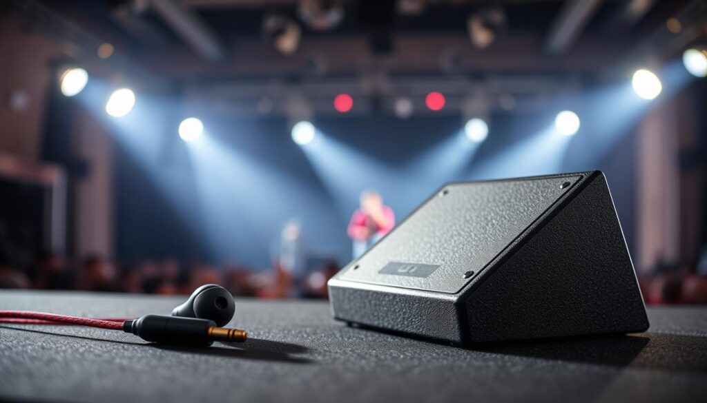 A high-resolution image comparing in-ear monitors (IEM) and stage wedges for musical performances. In the foreground, showcase a pair of sleek, professional in-ear monitors with a vibrant cable, elegantly displayed against a dark, textured surface. In the middle, prominently feature a traditional stage monitor wedge angled for optimal sound projection, with visible speaker grille and rugged casing. The background should depict a softly lit stage setting, with subtle hints of lighting equipment and a blurred crowd to evoke a live concert atmosphere. Use natural lighting to highlight the details of both monitoring devices, capturing contrasts in design and functionality. Aim for a dynamic yet professional mood, perfect for illustrating the pros and cons of each monitoring method. A high-resolution image comparing in-ear monitors (IEM) and stage wedges for musical performances. In the foreground, showcase a pair of sleek, professional in-ear monitors with a vibrant cable, elegantly displayed against a dark, textured surface. In the middle, prominently feature a traditional stage monitor wedge angled for optimal sound projection, with visible speaker grille and rugged casing. The background should depict a softly lit stage setting, with subtle hints of lighting equipment and a blurred crowd to evoke a live concert atmosphere. Use natural lighting to highlight the details of both monitoring devices, capturing contrasts in design and functionality. Aim for a dynamic yet professional mood, perfect for illustrating the pros and cons of each monitoring method.