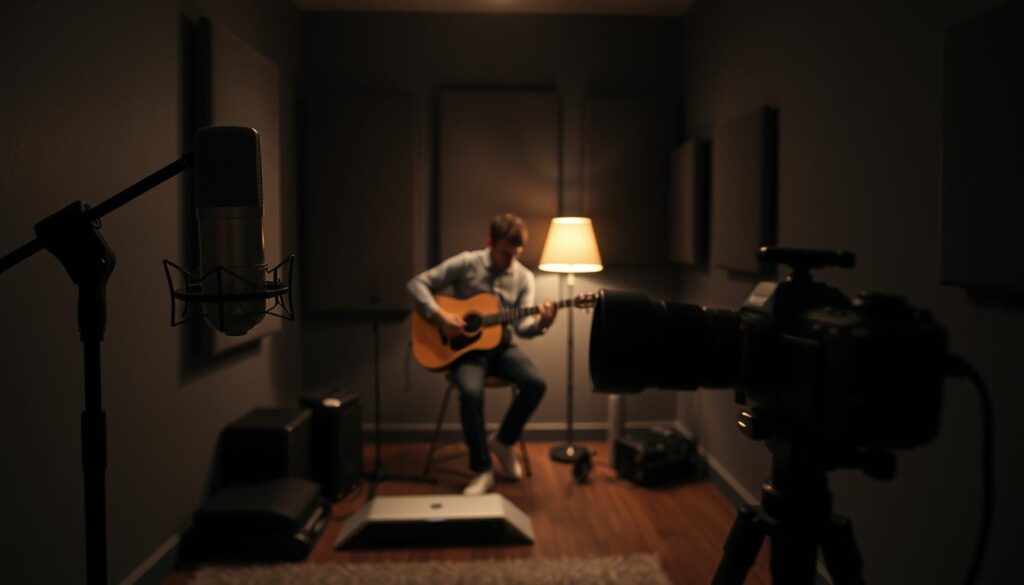 A cozy, dimly lit room featuring a minimalistic setup for a live music recording session. In the foreground, a high-quality microphone on a sturdy stand captures sound, while a sleek audio interface with simple controls rests nearby. The middle ground showcases a performer in professional casual attire, focused and immersed in their craft, playing an acoustic guitar. Soft, warm light from a vintage lamp creates a welcoming atmosphere. In the background, a camera on a tripod captures the scene, angled to highlight the musician and the subtle details of the setup. The walls are adorned with acoustic panels, further enhancing the intimate sound environment. This scene conveys a sense of simplicity, creativity, and passion for raw musical expression.