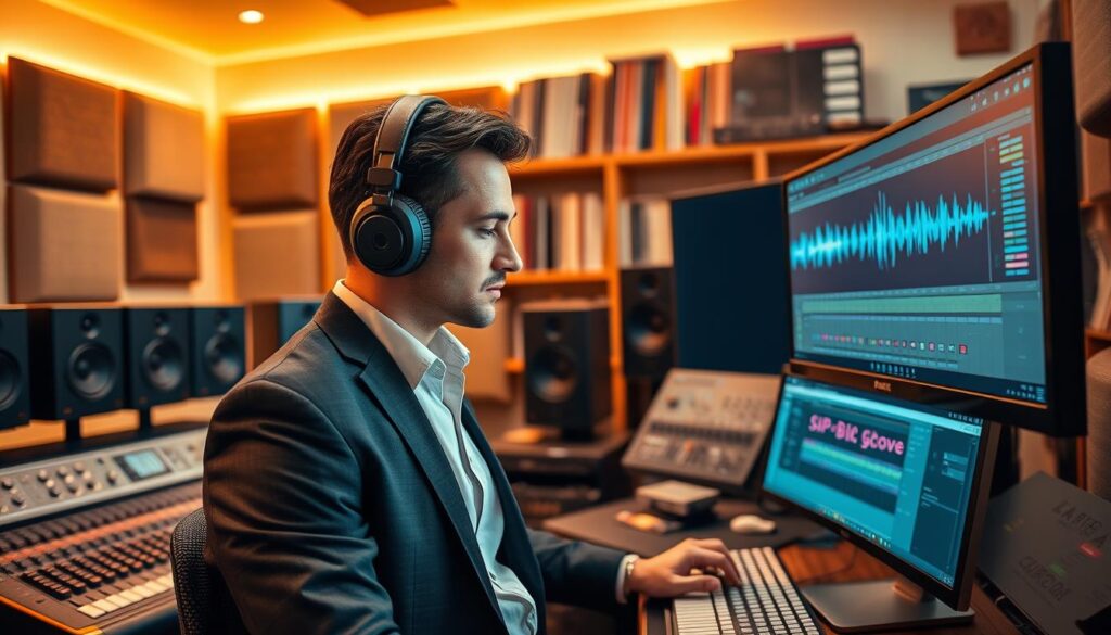 A cozy mastering studio filled with high-end audio equipment, featuring a large mixing console, studio monitors, and a computer displaying an audio editing software interface with waveforms. In the foreground, a professional audio engineer, dressed in smart business casual attire, is intently analyzing sound levels on the screen using an array of high-quality headphones. The middle layer highlights sound treatment panels along the walls, with warm, ambient lighting that creates a focused yet inviting atmosphere. In the background, shelves filled with vinyl records and music production books add character. A subtle focus on the engineer's expression conveys dedication and expertise as they balance loudness targets and sequencing flow, capturing the essence of the mastering process in a serene setting. A cozy mastering studio filled with high-end audio equipment, featuring a large mixing console, studio monitors, and a computer displaying an audio editing software interface with waveforms. In the foreground, a professional audio engineer, dressed in smart business casual attire, is intently analyzing sound levels on the screen using an array of high-quality headphones. The middle layer highlights sound treatment panels along the walls, with warm, ambient lighting that creates a focused yet inviting atmosphere. In the background, shelves filled with vinyl records and music production books add character. A subtle focus on the engineer's expression conveys dedication and expertise as they balance loudness targets and sequencing flow, capturing the essence of the mastering process in a serene setting.