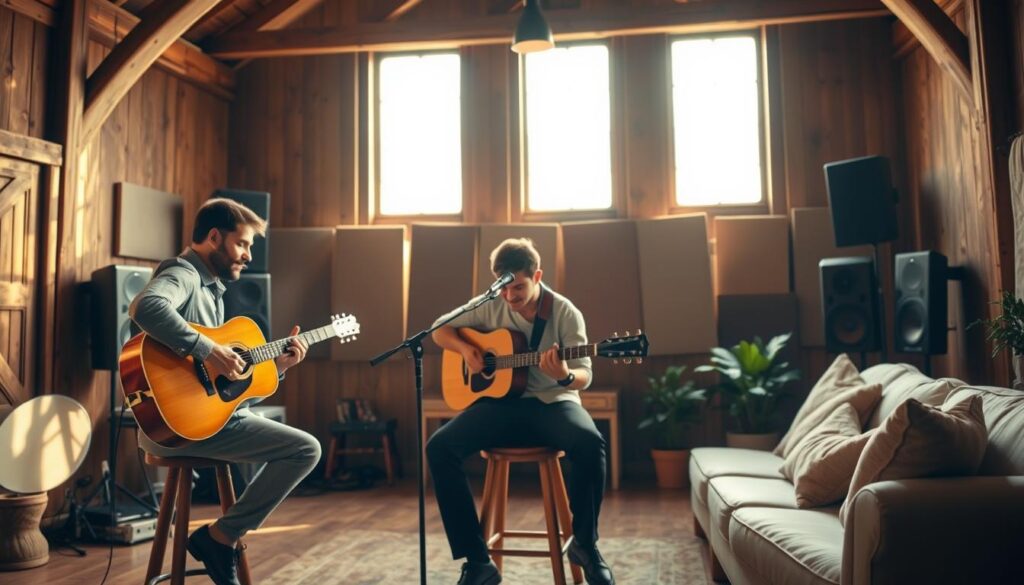 A serene, intimate live music setting, showcasing a musician playing an acoustic guitar in a rustic room with warm wooden beams and soft, diffused lighting. In the foreground, the musician, dressed in casual yet professional attire, is focused on their performance, sitting on a vintage stool. In the middle ground, an array of acoustic panels and soft furnishings create a cozy, inviting atmosphere, with potted plants adding a touch of greenery. In the background, large windows allow natural light to pour in, illuminating the space with a golden glow. The mood is relaxed and soulful, evoking a sense of stripped-back performances and authentic storytelling in music. The angle captures both the musician and the atmosphere of the room, enhancing the overall experience of a live acoustic session.