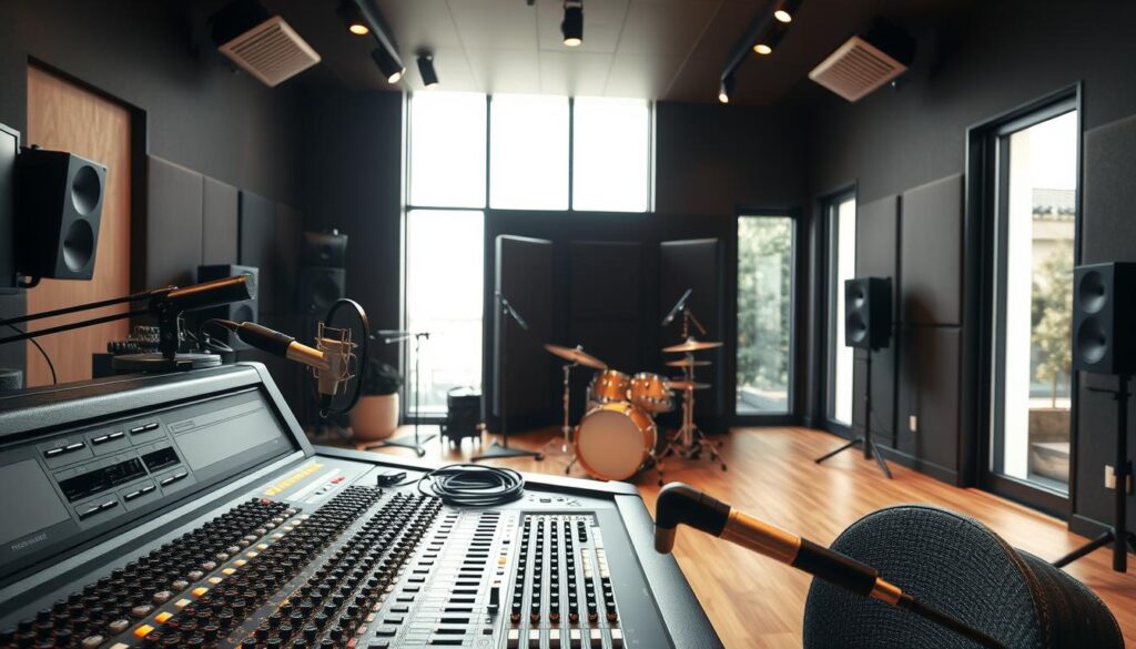 A sleek, modern recording studio interior featuring a professional audio mixing console as the focal point in the foreground, with a variety of high-end microphones and cables neatly organized around it. In the middle ground, a well-constructed vocal booth with soundproofing panels, and a vintage drum kit subtly visible to the side. The background showcases large windows letting in soft, natural light, illuminating the studio's creative atmosphere. Use a wide-angle lens to capture the depth of the space, with warm, inviting lighting that suggests a collaborative spirit. The overall mood reflects focused creativity and professionalism, appealing to music producers and sound engineers. A sleek, modern recording studio interior featuring a professional audio mixing console as the focal point in the foreground, with a variety of high-end microphones and cables neatly organized around it. In the middle ground, a well-constructed vocal booth with soundproofing panels, and a vintage drum kit subtly visible to the side. The background showcases large windows letting in soft, natural light, illuminating the studio's creative atmosphere. Use a wide-angle lens to capture the depth of the space, with warm, inviting lighting that suggests a collaborative spirit. The overall mood reflects focused creativity and professionalism, appealing to music producers and sound engineers.