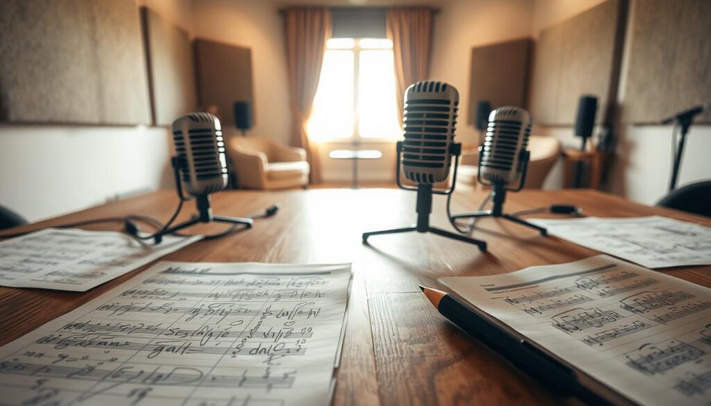 A wooden table covered with neatly arranged arranger notes, surrounded by three vintage microphones, each capturing the essence of an intimate performance. In the foreground, the notes showcase handwritten annotations and scribbles in black ink, radiating an atmosphere of creativity and focus. In the middle, soft, natural light filters through a window, illuminating the tranquil space, creating gentle highlights and shadows that evoke a sense of calmness. In the background, muted colors of acoustic panels and sparse furnishings add depth, suggesting a cozy studio setting. The scene is intimate and serene, symbolizing performance day rituals, with a subtle focus on the connection between the performers and their small audience, creating a meditative, soulful vibe that resonates with stripped-back performances.