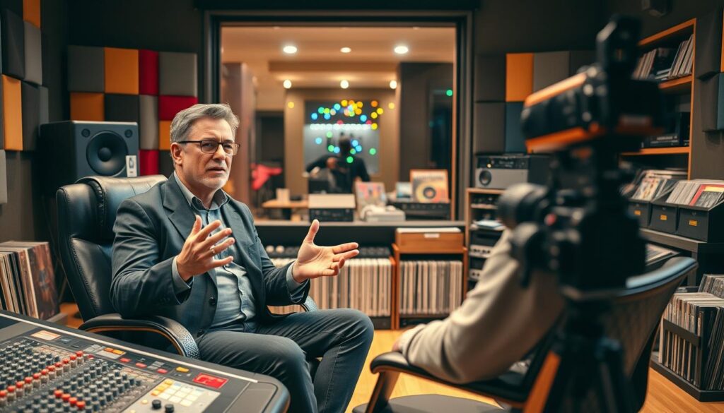 In a cozy recording studio, an indie music producer is being interviewed, seated comfortably on a stylish producer chair. The foreground features the producer, a middle-aged individual in smart casual attire, sharing insights passionately. Their hands gesture expressively in front of a large mixing console adorned with various knobs and sliders. In the middle background, a large window reveals colorful sound panels while subtle reflections of colorful LED lights create a vibrant ambiance. Shelves filled with vinyl records and musical equipment can be seen, highlighting the independent music scene. Soft, warm lighting illuminates the scene, creating an inviting atmosphere, while a professional camera captures the image from a slightly angled perspective, emphasizing depth and focus on the subject. In a cozy recording studio, an indie music producer is being interviewed, seated comfortably on a stylish producer chair. The foreground features the producer, a middle-aged individual in smart casual attire, sharing insights passionately. Their hands gesture expressively in front of a large mixing console adorned with various knobs and sliders. In the middle background, a large window reveals colorful sound panels while subtle reflections of colorful LED lights create a vibrant ambiance. Shelves filled with vinyl records and musical equipment can be seen, highlighting the independent music scene. Soft, warm lighting illuminates the scene, creating an inviting atmosphere, while a professional camera captures the image from a slightly angled perspective, emphasizing depth and focus on the subject.