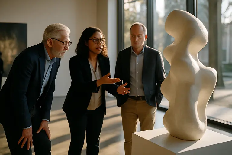 Gallery staff speaking with visitors beside contemporary artworks