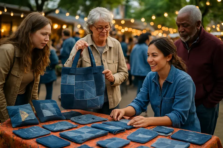 Hands adding original stitching to a denim jacket on a worktable