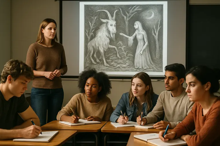 Student taking notes beside an art book and a reproduction of a drawing