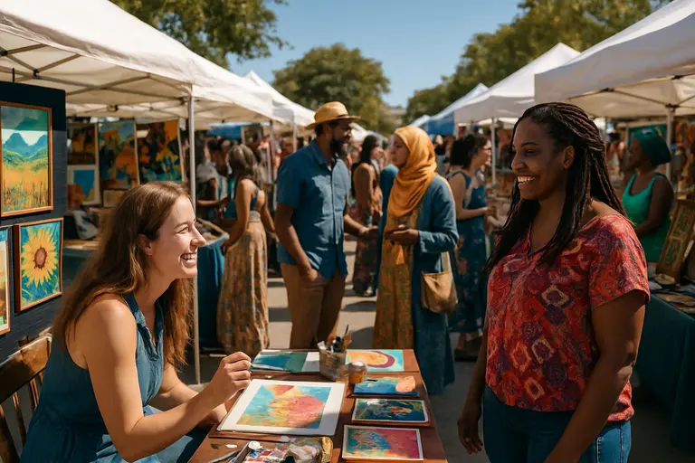 Artists arranging handmade items at an outdoor community event
