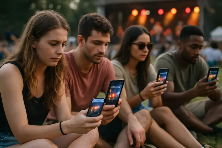 Attendee checking a phone schedule while standing near a festival stage