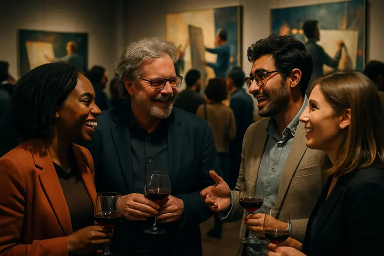 Mixed-age audience discussing paintings during a community gallery opening