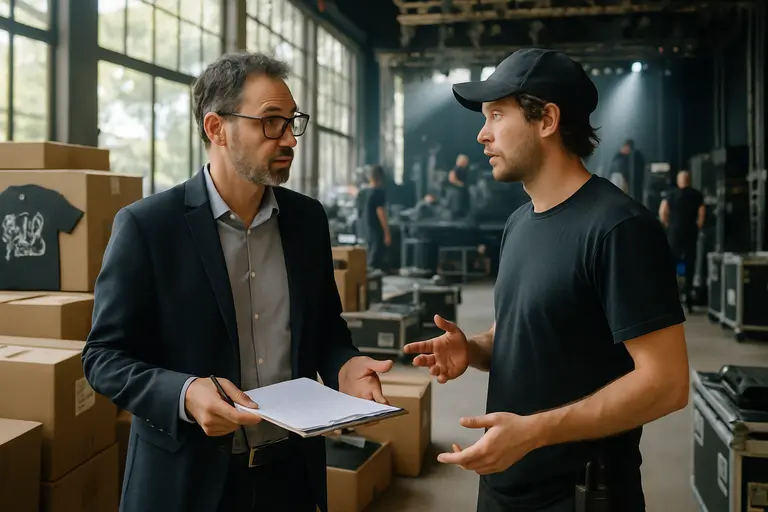 A tour manager reviewing notes beside packed merchandise boxes
