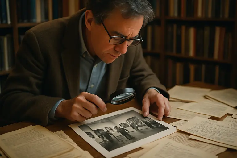 Curator reviewing artwork labels and ownership notes at a worktable
