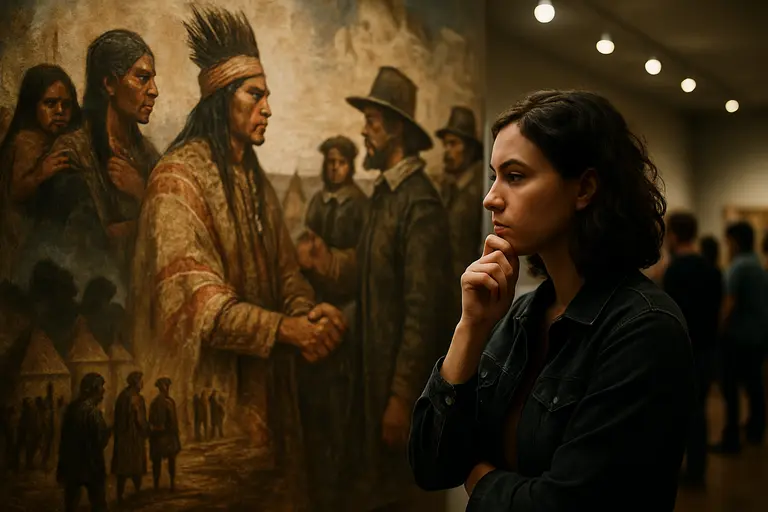 Visitor reading interpretive material beside a contemporary artwork in a museum