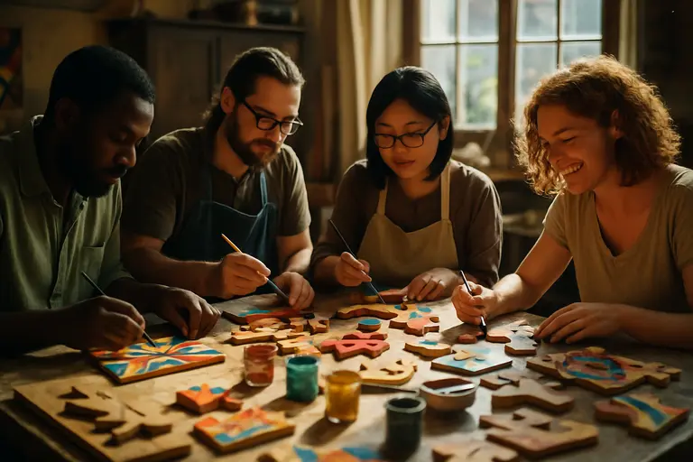 Visitors studying handmade objects in a quiet museum gallery