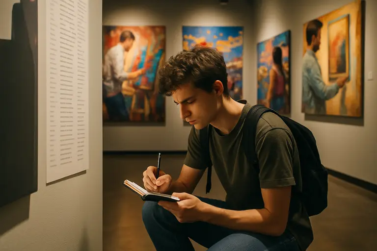 Museum visitor pausing before a large abstract painting with layered forms