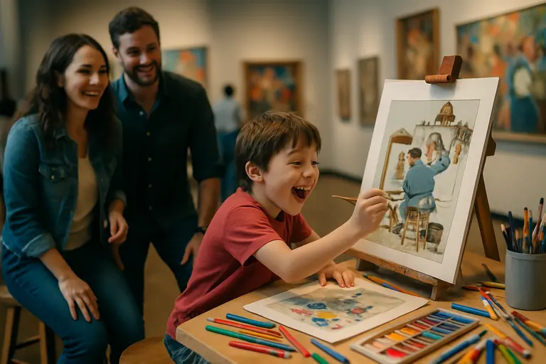 Visitors arranging artwork reproductions at an interactive museum station