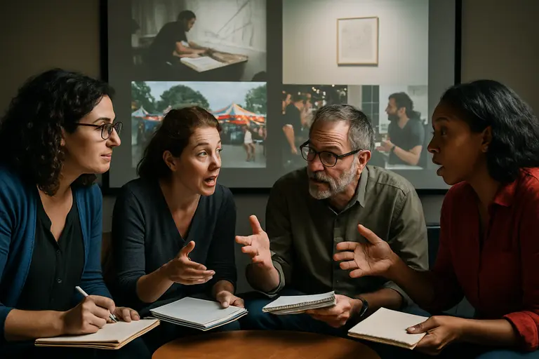 Educator leading a small group discussion in a contemporary art gallery