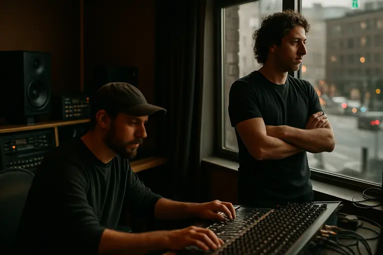 Financial chart printout beside headphones and a keyboard controller