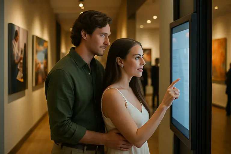Gallery entrance area with visitors checking exhibition information