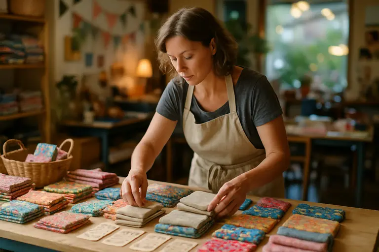Small business owner checking orders beside fabric samples and boxes