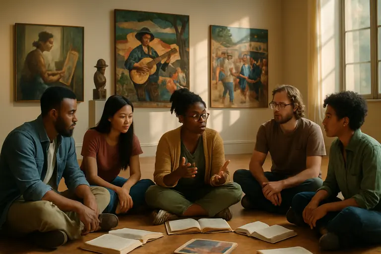 Small group discussing contemporary art in a regional museum gallery