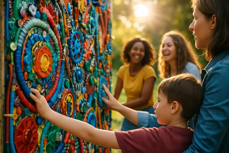 Visitors writing messages on a public chalk wall at an outdoor festival
