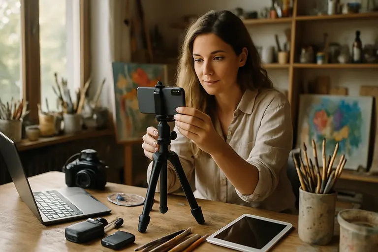 A creator films a tabletop product setup with lights, camera gear, and accessories
