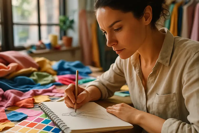 Designer sketchbook with fabric swatches, scarf samples, and pencils