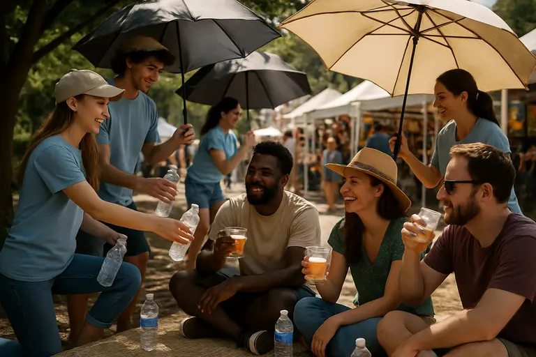 Festivalgoers resting in shaded areas during a warm outdoor event