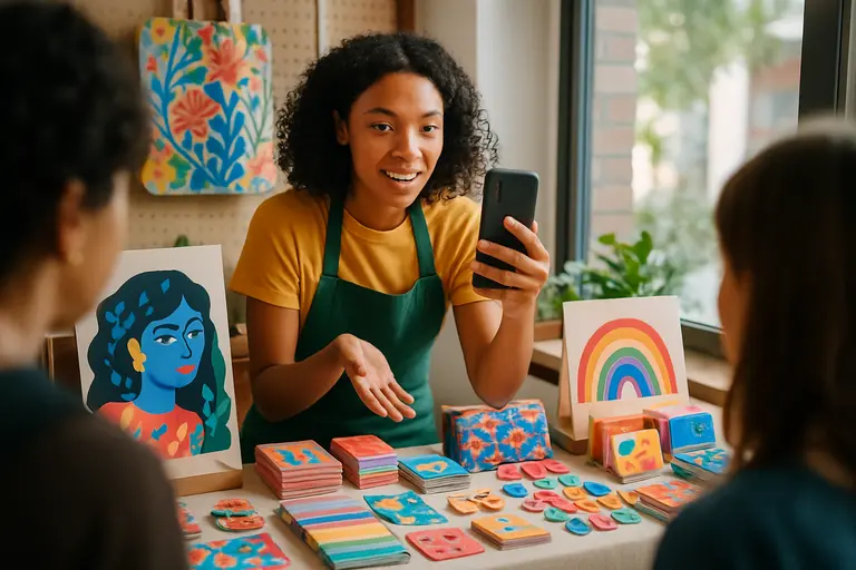 Handmade accessories arranged near a phone set up for filming
