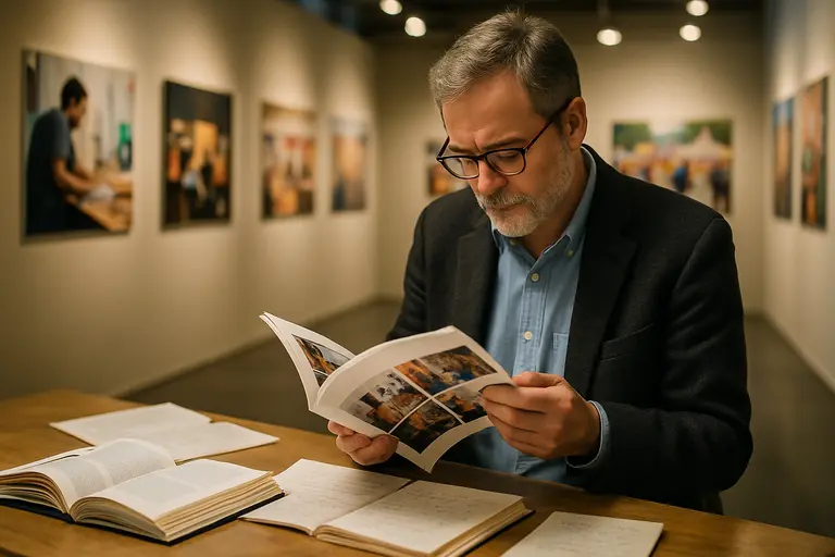 Museum catalogue open beside notes and reference materials