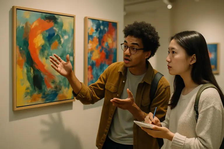 Museum visitors comparing abstract works across adjoining gallery spaces
