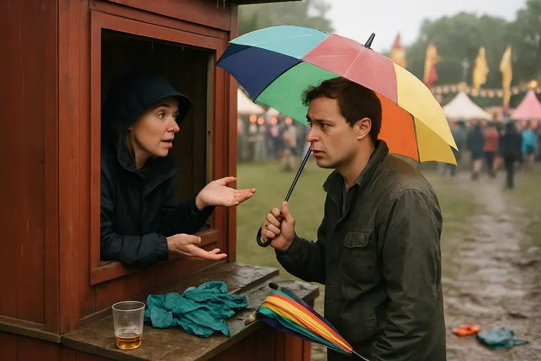 People checking phones near festival gates during cloudy weather