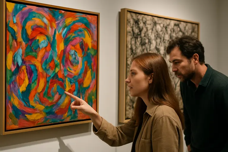 Two abstract paintings installed across from each other in a museum room